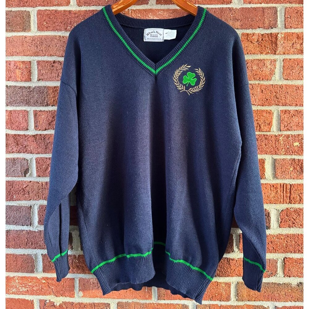 Vintage Usa Made Navy V Neck Sweater Shamrock Crest Size L